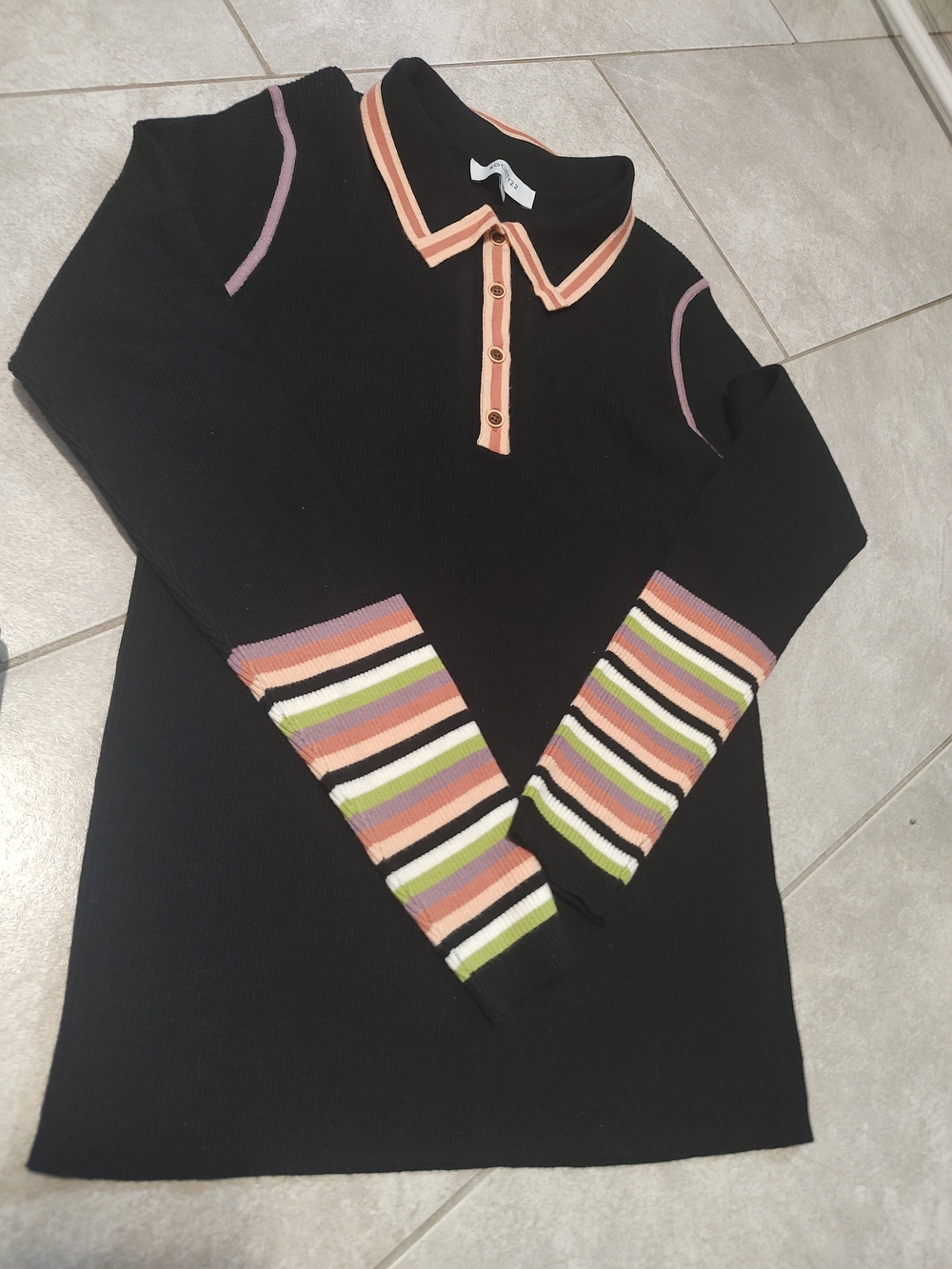 Society Black Polo Sweater with Peach Trim and Multicolor Striped Cuffs